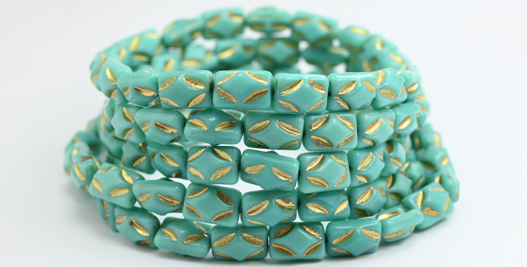 長方形のプレスガラスビーズ、ターコイズゴールドの裏地付き(63120-54202)、ガラス、チェコ共和国