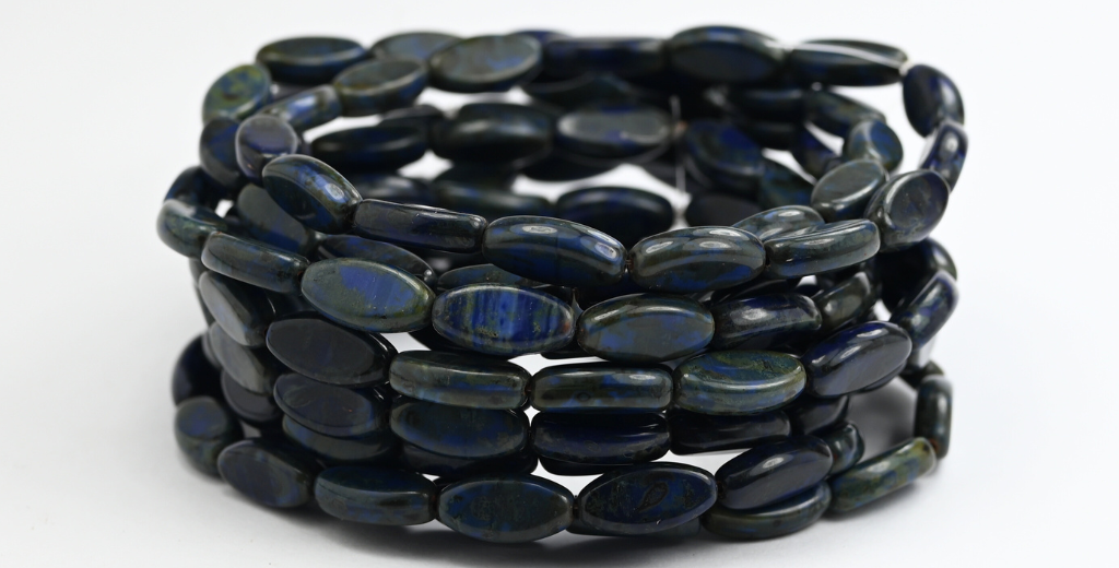 オーバルローチビーズ、ダークブルートラバーチン(DBLUE-86800)、ガラス、チェコ共和国