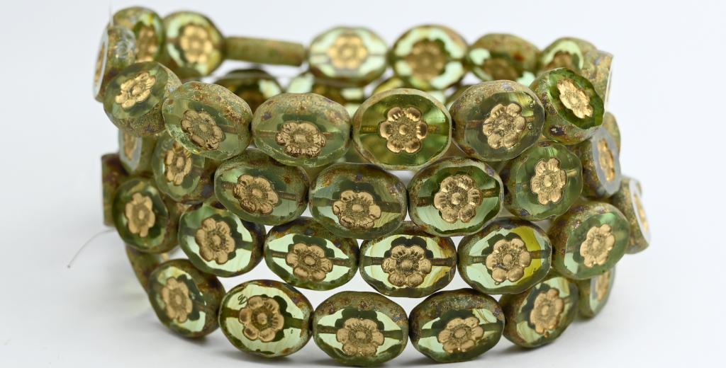 Table Cut Oval Beads With Cameo Lady'S Face, Mixgreen 86 Matte Gold Lined (MIXGREEN-86-M-54202), Glass, Czech Republic