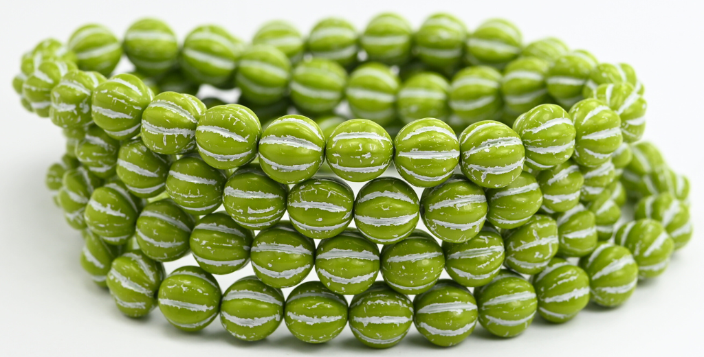 Melon Round Pressed Glass Beads With Stripes, Opaque Green White Lined (53400-54312), Glass, Czech Republic
