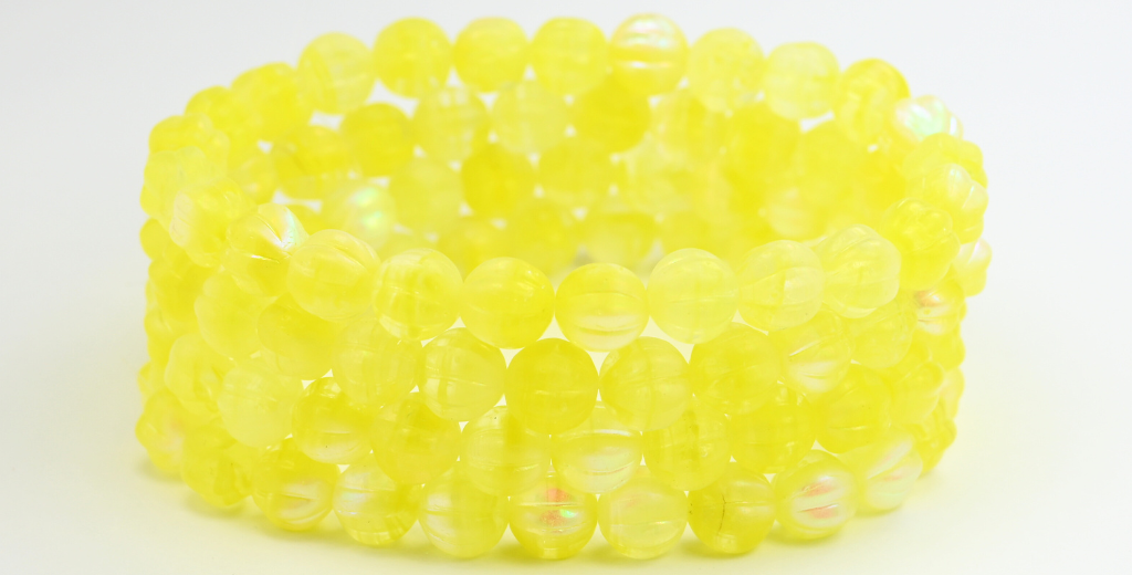 带条纹的瓜圆形压制玻璃珠,黄色混合 Ab (86036S-AB),玻璃,捷克共和国