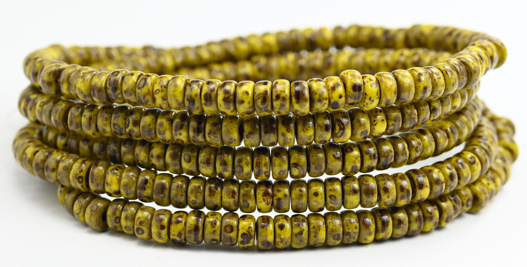 Flat Round Wheel Pressed Glass Beads, Yellow Travertin (83120-86800), Glass, Czech Republic
