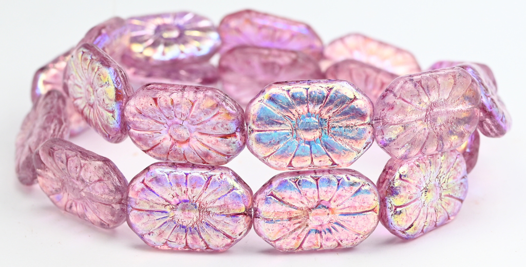 Rounded Rectangle With Flower Pressed Glass Beads, Crystal Light Fuchsia Pink Ab (00030-34306-AB), Glass, Czech Republic