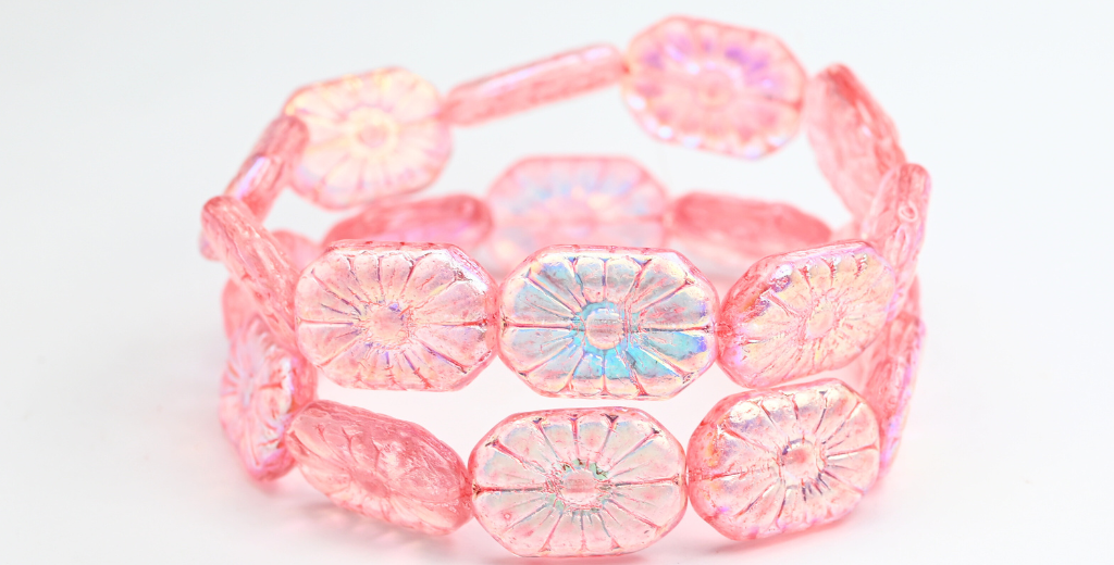 丸みを帯びた長方形の花模様の押しガラスビーズ、クリスタルライトピンクAB(00030-34304-AB)、ガラス、チェコ共和国
