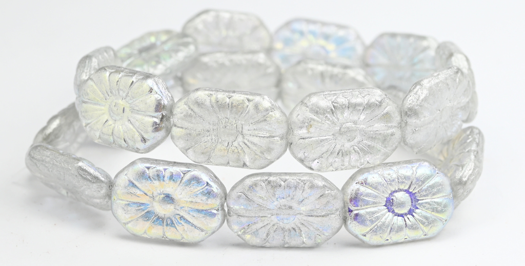 Rounded Rectangle With Flower Pressed Glass Beads, Crystal Silver Gray Ab (00030-34301-AB), Glass, Czech Republic