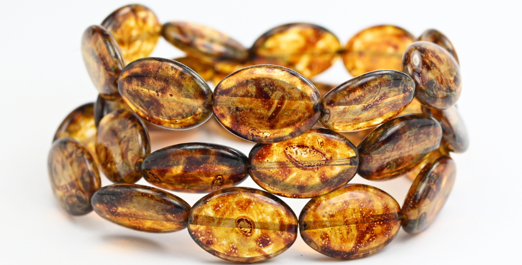 平らな楕円形のプレスガラスビーズ、クリスタルトラバーチン(00030-86800)、ガラス、チェコ共和国