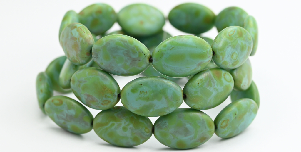 フラットオーバルプレスガラスビーズ、ターコイズトラバーチンマット(63130-86800-M)、ガラス、チェコ共和国