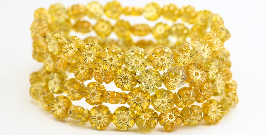 Hawaii Flower Pressed Glass Beads, Mixed Colors Topaz Gold Lined (10-MIX-TOPAZ-54202), Glass, Czech Republic