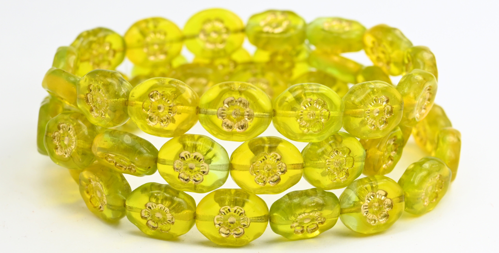 楕円形の押しガラスビーズ、花柄、黄緑透明、金線入り(800250520-54202)、ガラス、チェコ共和国