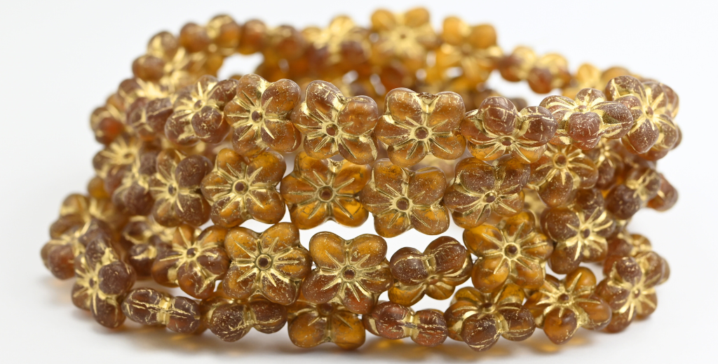 フラワープレスガラスビーズ、透明オレンジゴールドラインマットアンティーク(10040-54202-M-ANTIQ)、ガラス、チェコ共和国