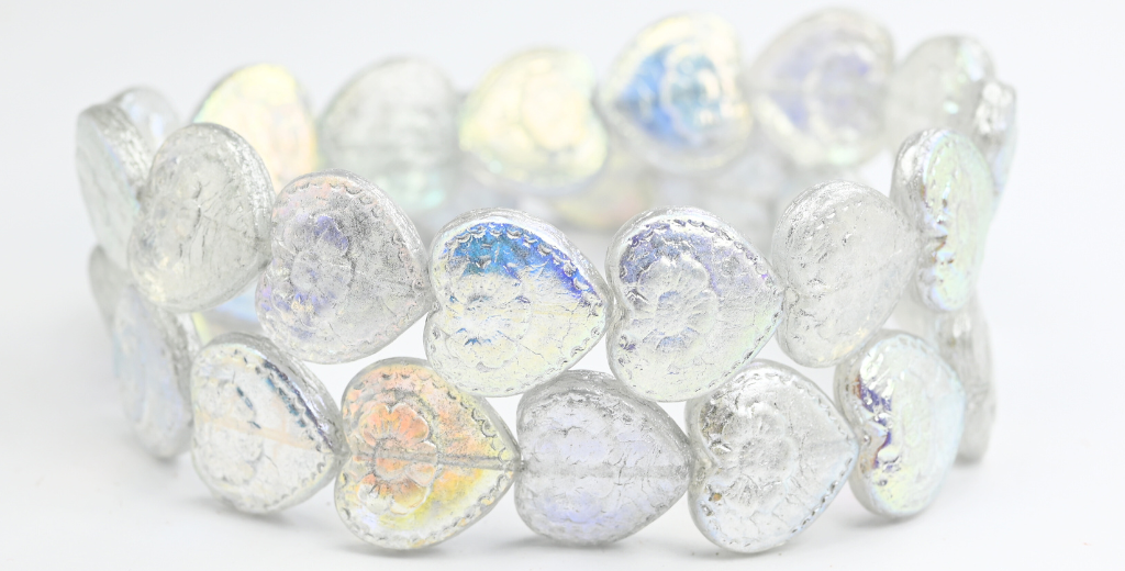 Heart With Flower Pressed Glass Beads, Crystal Silver Gray Ab (00030-34301-AB), Glass, Czech Republic