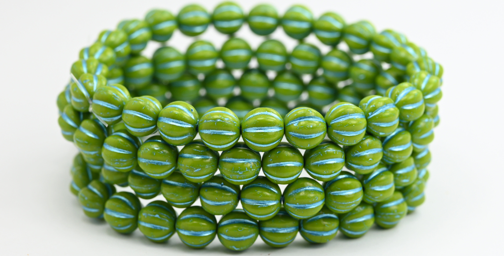 带条纹的瓜圆形压制玻璃珠,不透明绿蓝色内衬 (53400-54323),玻璃,捷克共和国