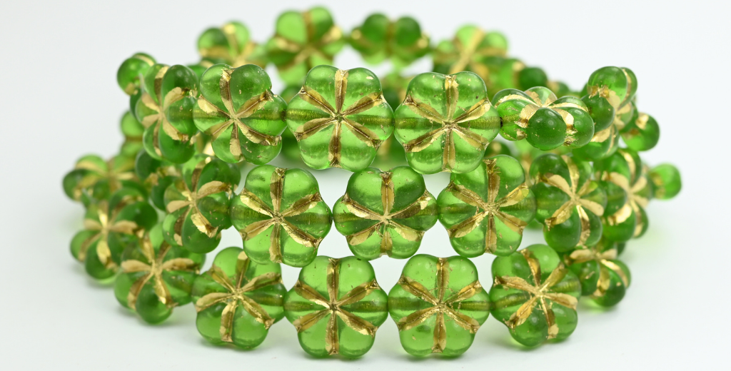 6枚の花びらの押し花ビーズ、エメラルドグリーン、ゴールドライン(50120-54202)、ガラス、チェコ共和国