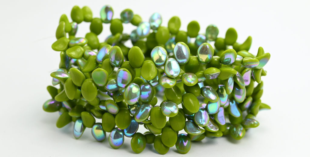 Leaf Tongue Pressed Glass Beads, Opaque Green Ab (53410-AB), Glass, Czech Republic