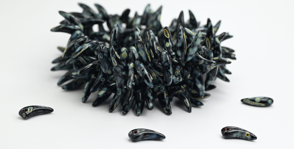 Bone Bow Pressed Glass Beads, Black Picasso (23980-43400), Glass, Czech Republic