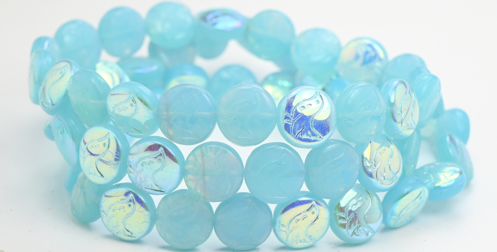 歩く鳥のビーズ付きラウンドコイン、オパールアクアAB(61010-AB)、ガラス、チェコ共和国