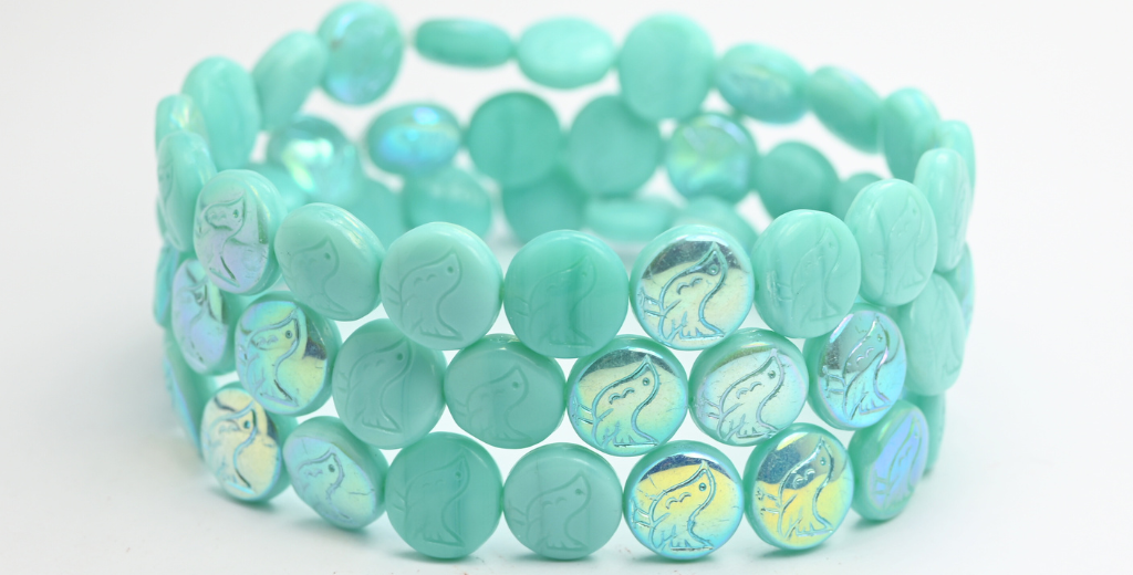 アウトレット 10グラム 鳥付きラウンドコイン、オパールエメラルドAB(52050-AB)、ガラス、チェコ共和国