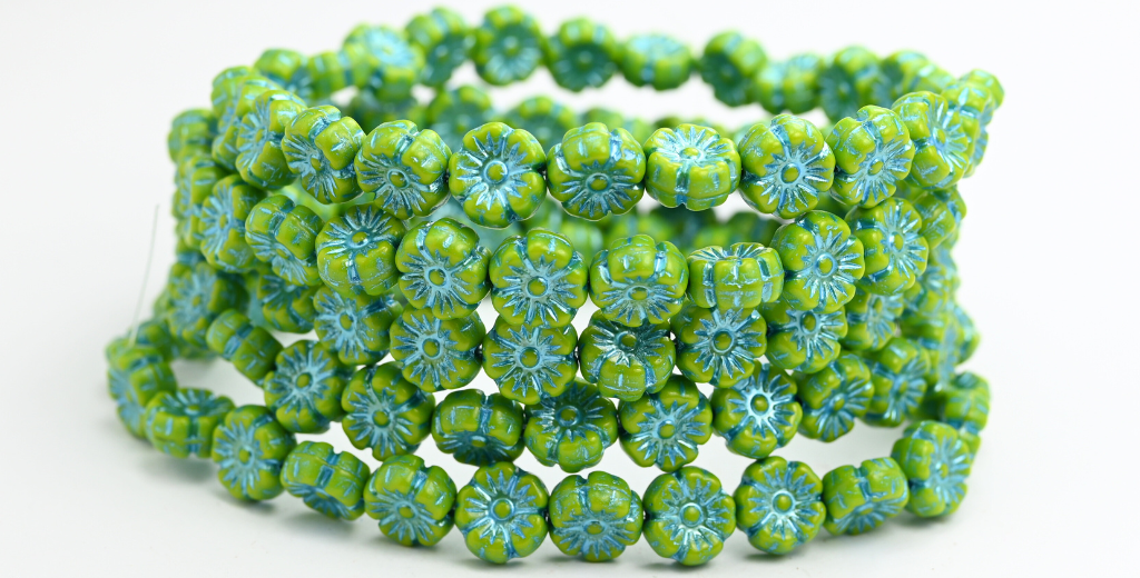 OUTLET 10 grams Hawaiian Flower Beads, 10 x 10 mm, Opaque Green Green Lined (53400-54322), Glass, Czech Republic
