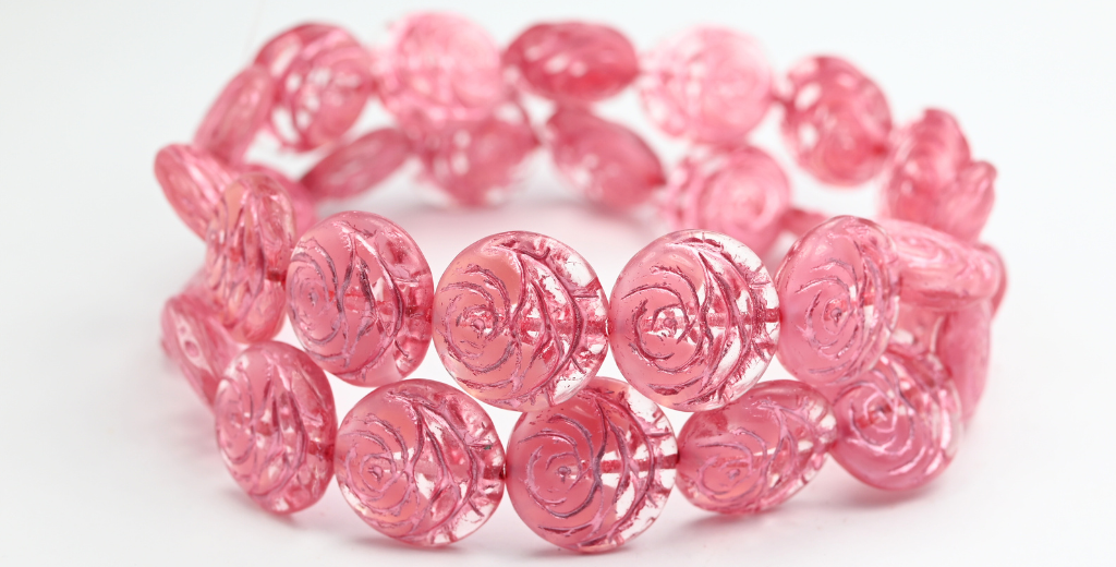 OUTLET 10 grams Round Flat Rose Flower Pressed Glass Beads, 17 x 17 mm, Opaque Pink Pink Lined (76018-54321), Glass, Czech Republic