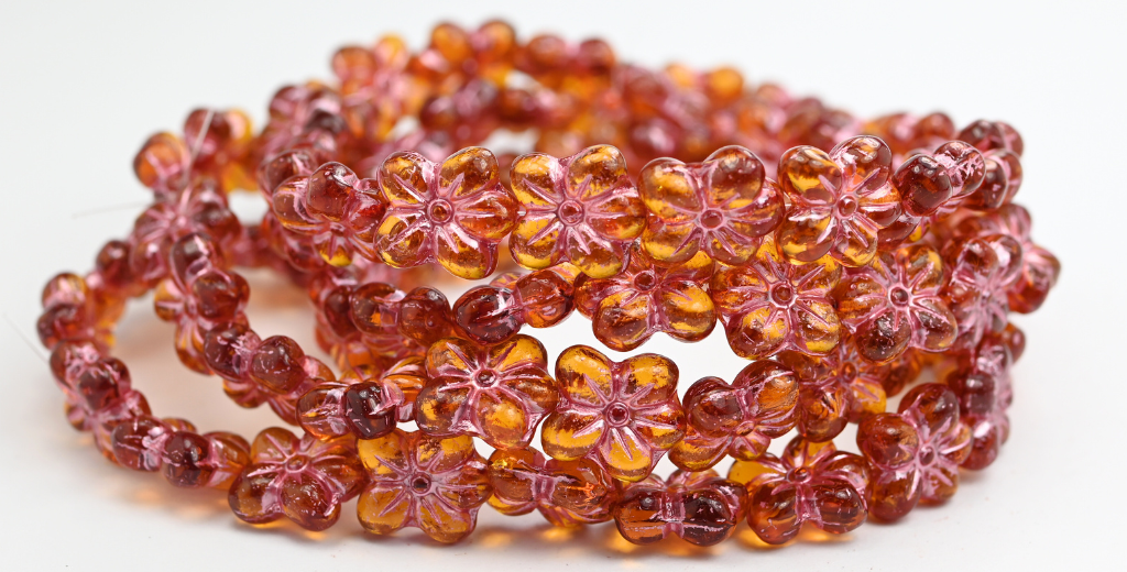 奥特莱斯 10克花朵压制玻璃珠,14 x 12毫米,托帕石粉色内衬 (10070-54321),玻璃,捷克共和国