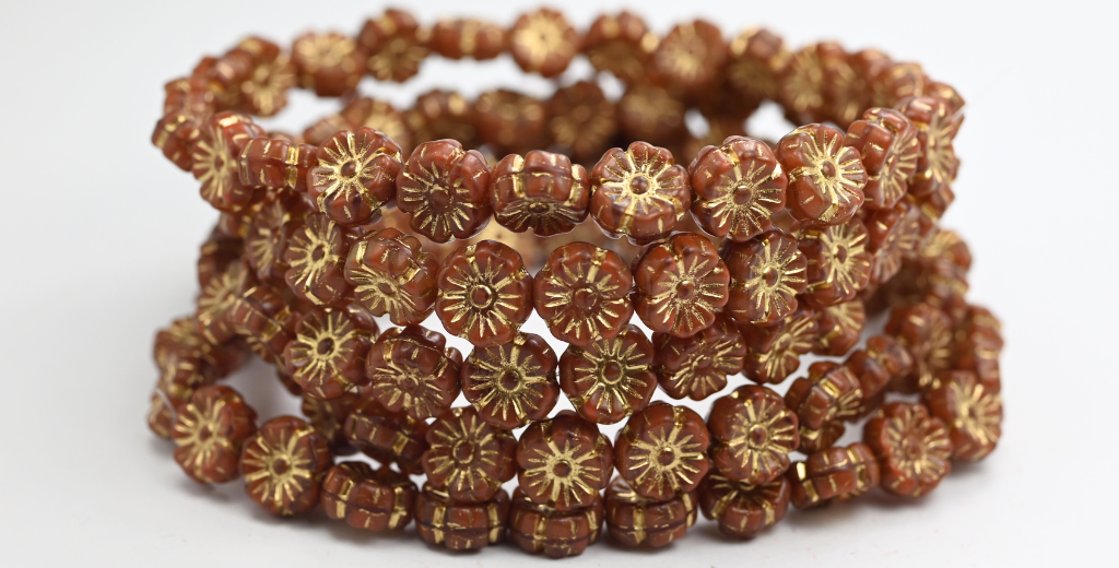 夏威夷花压制玻璃珠,混合棕色水晶镀金(16617-54202),玻璃,捷克共和国