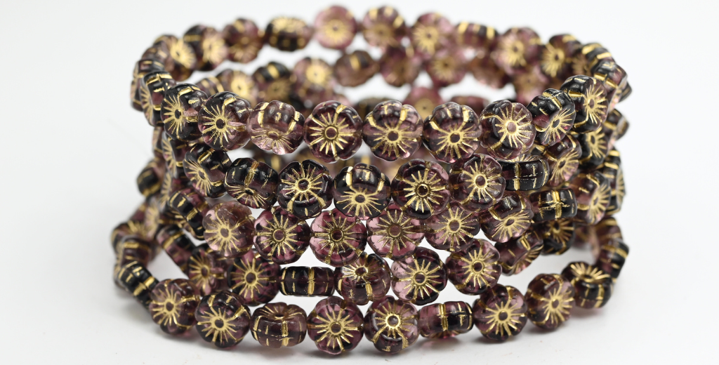 Hawaii Flower Pressed Glass Beads, 20082002 Gold Lined (20082002-54202), Glass, Czech Republic