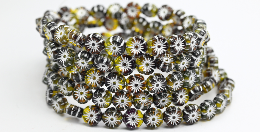 ハワイアンフラワー プレスガラスビーズ 透明イエロー シルバーライン (8004020080-54201) ガラス製 チェコ共和国