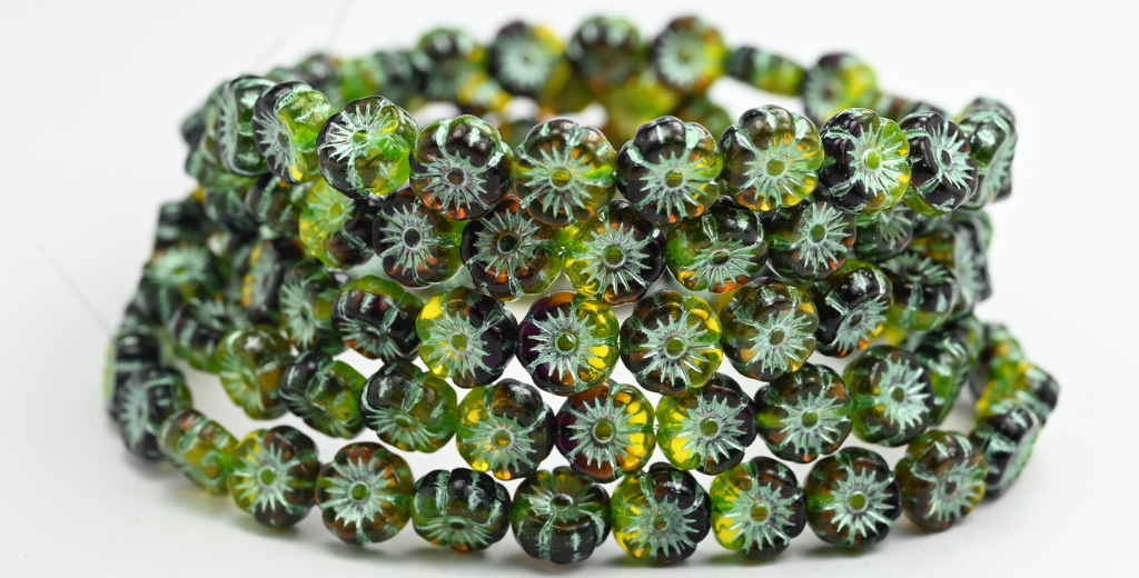 ハワイの花の押しガラスビーズ、透明イエローグリーンの裏地付き(8004020080-54322)、ガラス、チェコ共和国