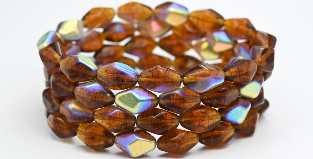 旋盤加工された双円錐形のプレスビーズ、透明ブラウンAB(10210-AB)、ガラス、チェコ共和国