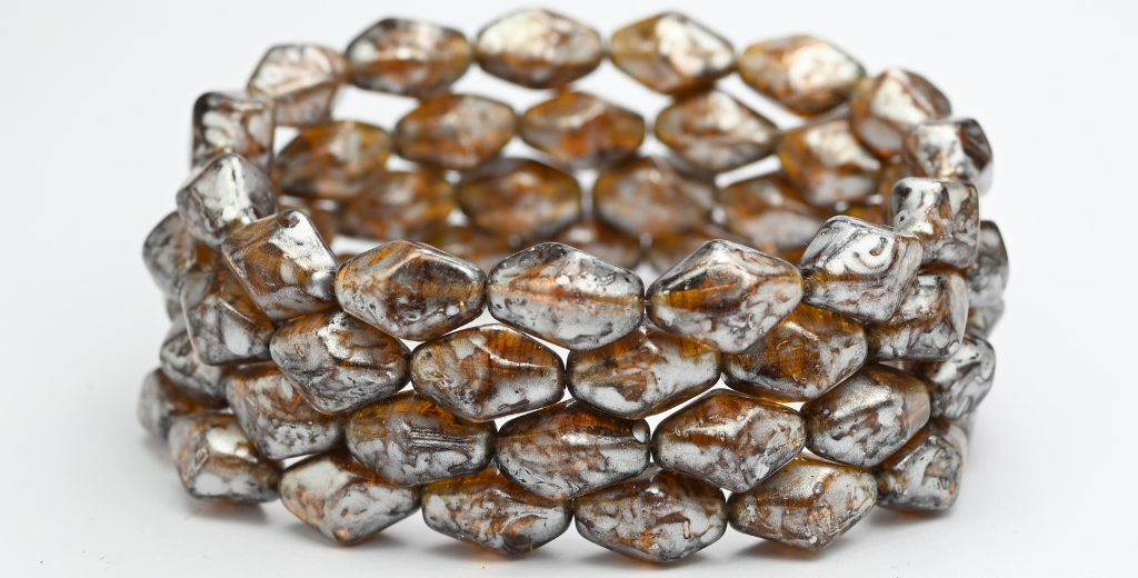 Turned Bicone Pressed Beads, Transparent Brown Silver Splash (10210-86700), Glass, Czech Republic