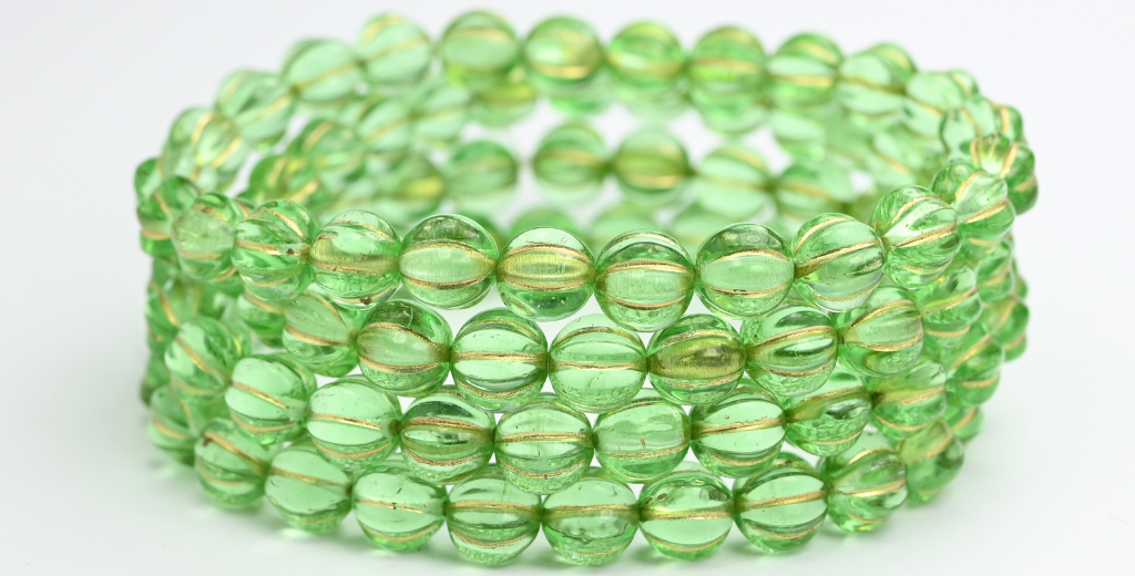 メロン丸型プレスガラスビーズ(ストライプ入り)、透明グリーンゴールドライン(50500-54202)、ガラス、チェコ共和国