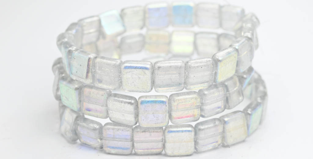 Flat Square Pressed Glass Beads, Crystal Silver Gray Ab (00030-34301-AB), Glass, Czech Republic