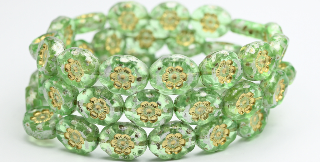 椭圆形压制玻璃珠,花朵图案,透明绿银溅金内衬 (50800-86700-54202),玻璃,捷克共和国