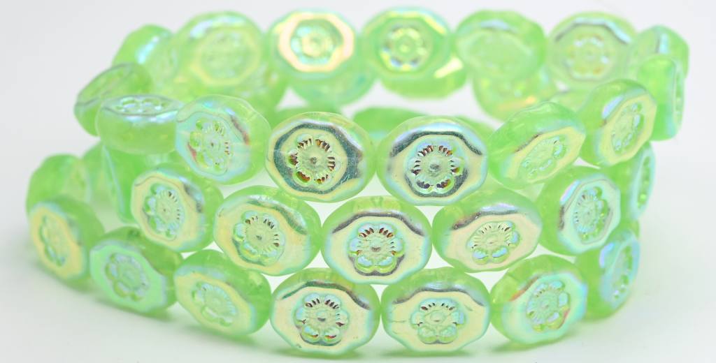 椭圆形花朵压制玻璃珠,透明绿色 Ab 2X (50800-AB-2X),玻璃,捷克共和国