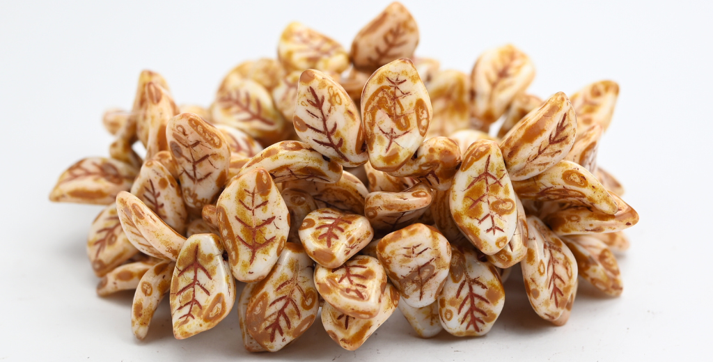 Ovate Leaf Pressed Glass Beads, White 86800B (02010-86800B), Glass, Czech Republic