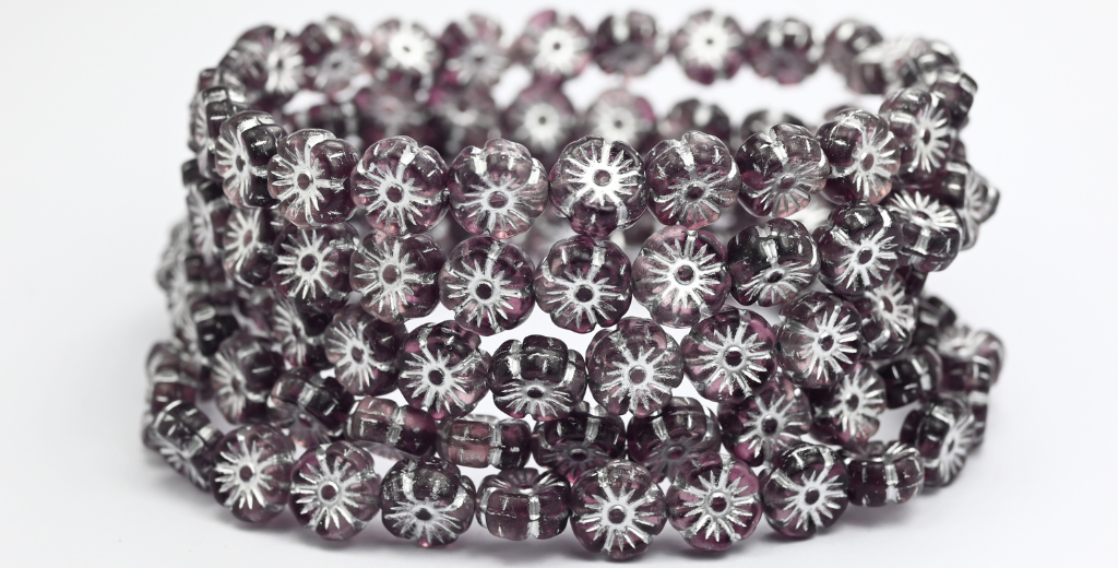 夏威夷花压制玻璃珠,透明浅紫水晶银衬(2002004-54201),玻璃,捷克共和国