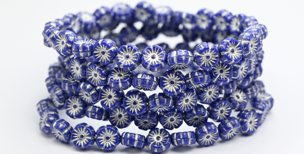 Hawaii Flower Pressed Glass Beads, Opaque Blue Silver Lined (33050-54201), Glass, Czech Republic