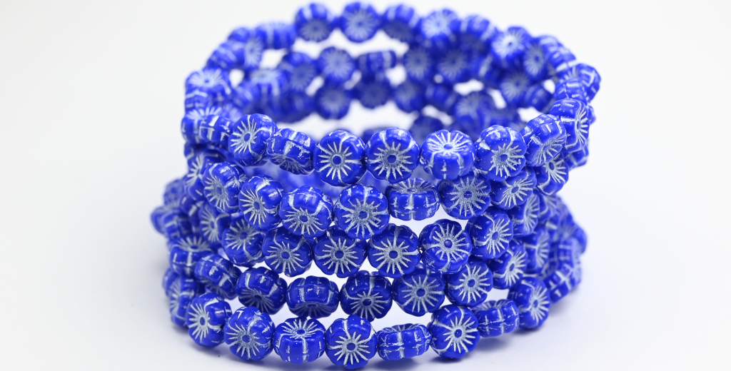 ハワイの花の押しガラスビーズ、不透明ブルーホワイトライン入り(33050-46401)、ガラス、チェコ共和国