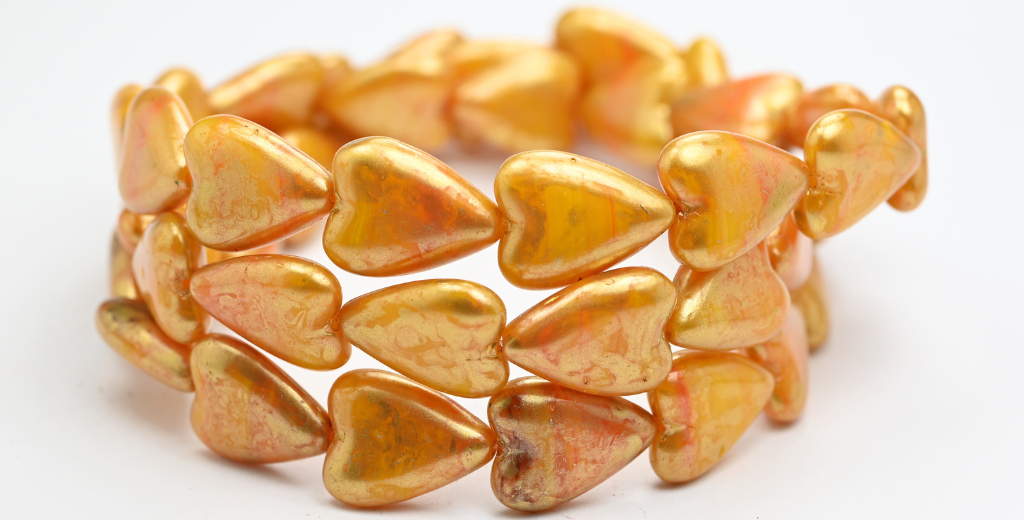 Elongated Heart Beads, Mixed Colors Orange Gold Splash (MIX-ORANGE-86720), Glass, Czech Republic