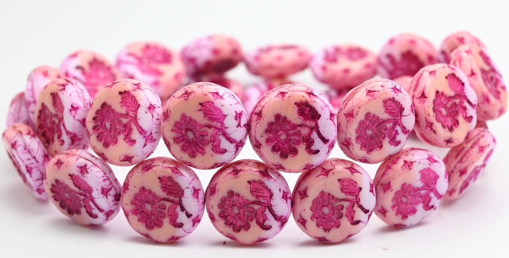 丸型フラットフラワー付きマーガレットプレスガラスビーズ、ミックスカラーピンク54570(MIX-PINK-54570)、ガラス、チェコ共和国