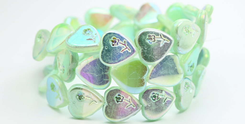 心形压花玻璃珠,青色 Ab 2X (56218-AB-2X),玻璃,捷克共和国 ~ STRANDED