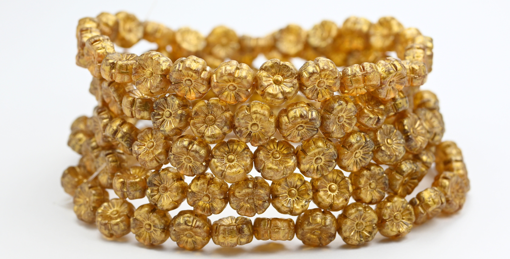 ハワイアンフラワー プレストガラスビーズ 透明ライトトパーズ イエローゴールドスプラッシュ (10020-86720) ガラス チェコ共和国 ~ STRANDED