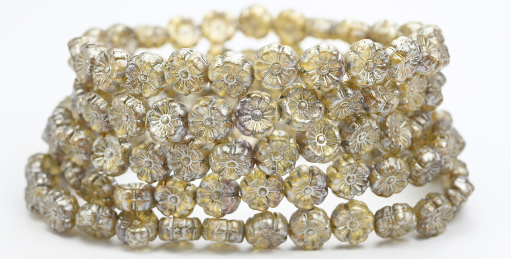 アウトレット 10グラム ハワイアンフラワービーズ、8 x 8 mm、透明ライトトパーズイエローシルバースプラッシュ(10020-86700)、ガラス、チェコ共和国