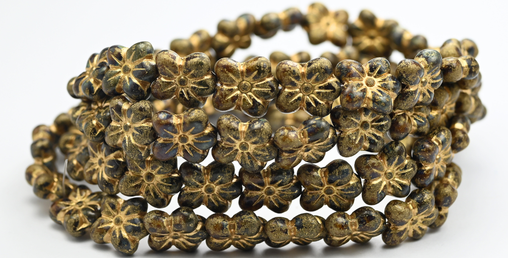 フラワープレスガラスビーズ、ミックスカラーブラウントラバーチンゴールドライン(MIX-BROWN-86800-54202)、ガラス、チェコ共和国~STRANDED