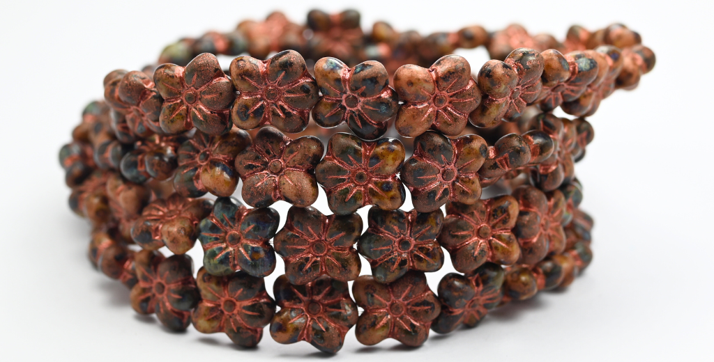 花朵压制玻璃珠,棕色石灰华铜色混色 (MIX-BROWN-86800-55307),玻璃,捷克共和国 ~ STRANDED