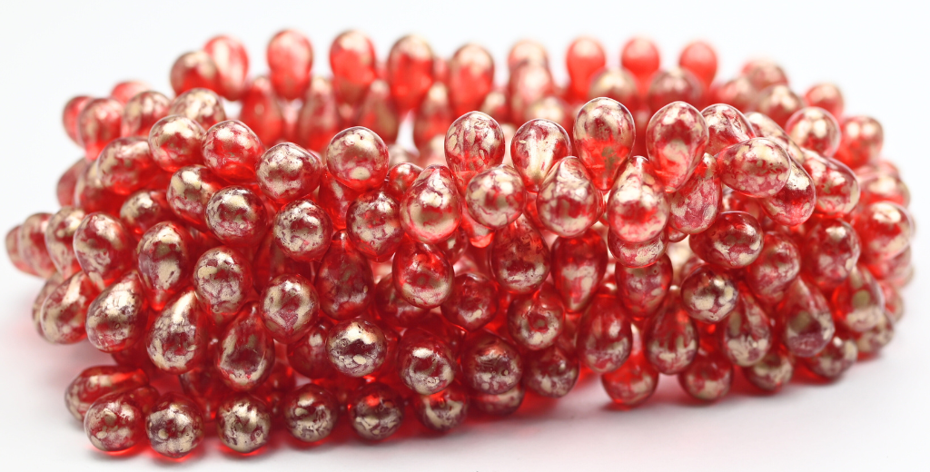 梨形泪滴压制玻璃珠,红宝石红金溅 (90080-86710),玻璃,捷克共和国 ~ STRANDED