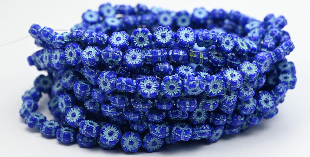 Hawaii Flower Pressed Glass Beads, Opaque Blue Light Aqua Blue (33050-34308), Glass, Czech Republic ~ STRANDED