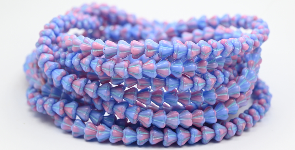 ベルフラワープレスガラスビーズ、ミックスブルーピンク不透明ライトブルーライン入り(37724-54308)、ガラス、チェコ共和国~STRANDED