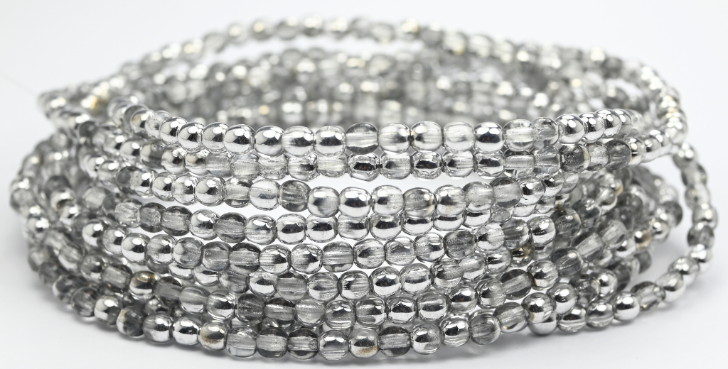 Round Pressed Glass Beads Druck, Crystal Crystal Silver Half Coating (00030-27001), Glass, Czech Republic ~ STRANDED