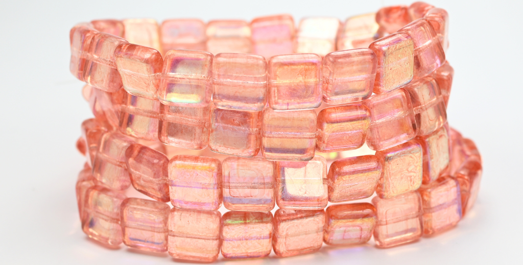 フラットスクエアプレスガラスビーズ、クリスタルライトピンクピーチAb(00030-34305-AB)、ガラス、チェコ共和国〜STRANDED